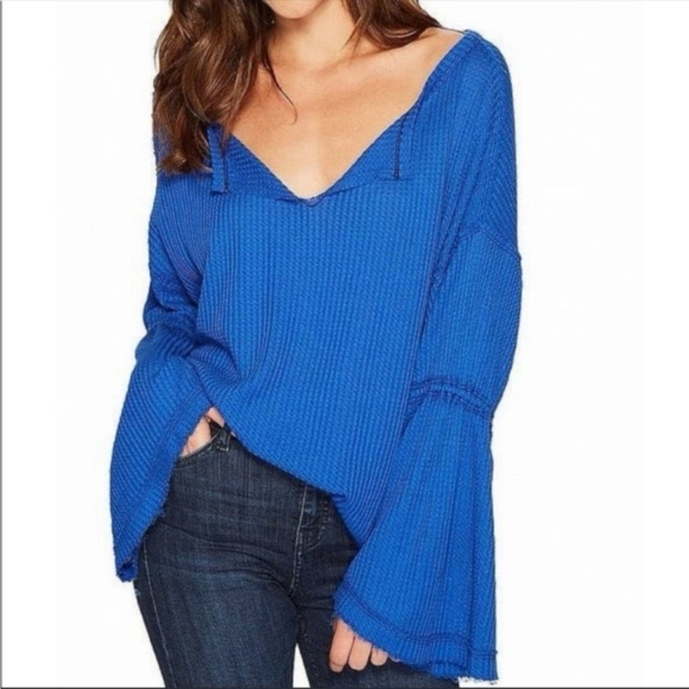 Free People We The Free Dahlia Thermal Waffle Knit Bell Sleeve Top Women’s Small - Picture 2 of 9